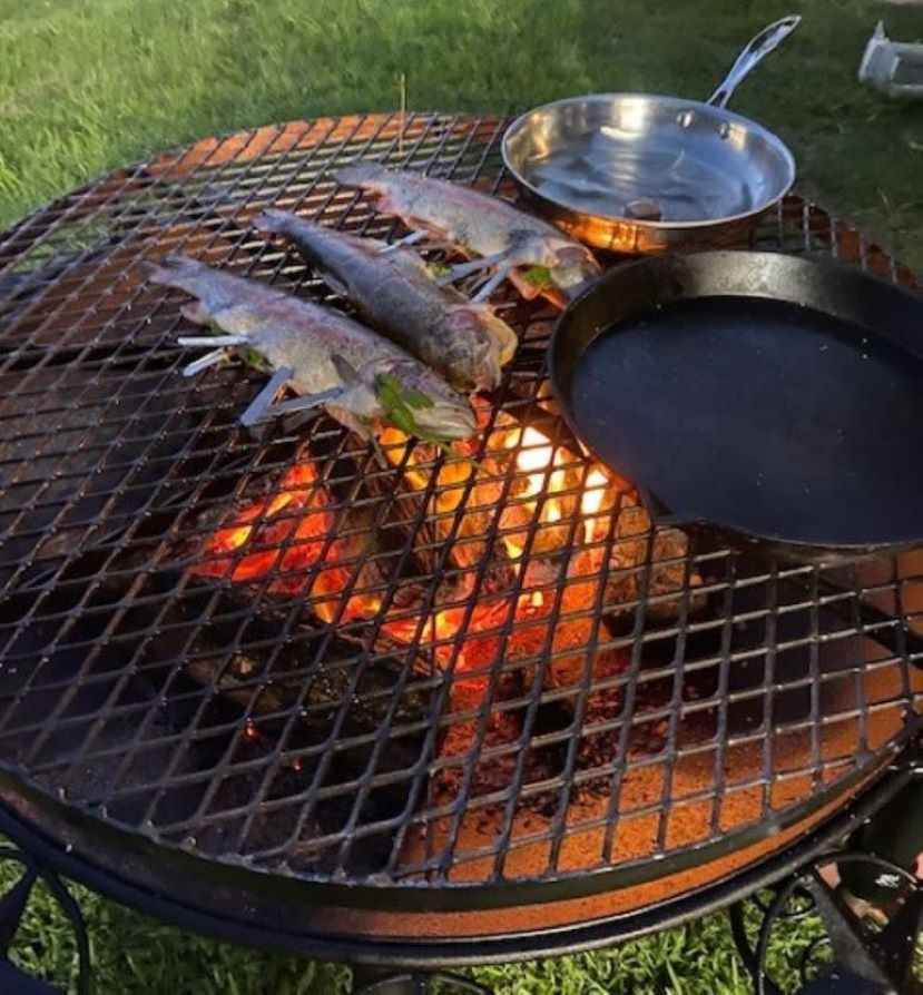 Two whole fish and a frying pan on a metal cooking grill over glowing coals