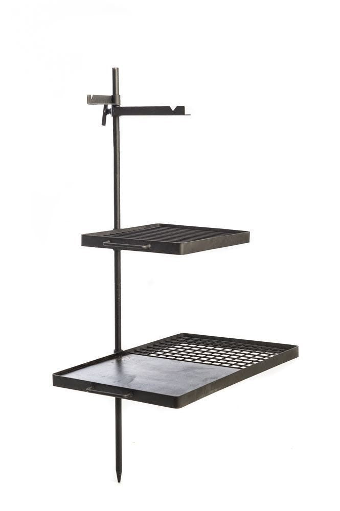 The BBQ resting grill: a grill shelf and a solid hotplate shelf on an upright steel post